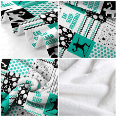 Pickleball patchwork pattern with player silhouettes and teal chevrons, view 5.