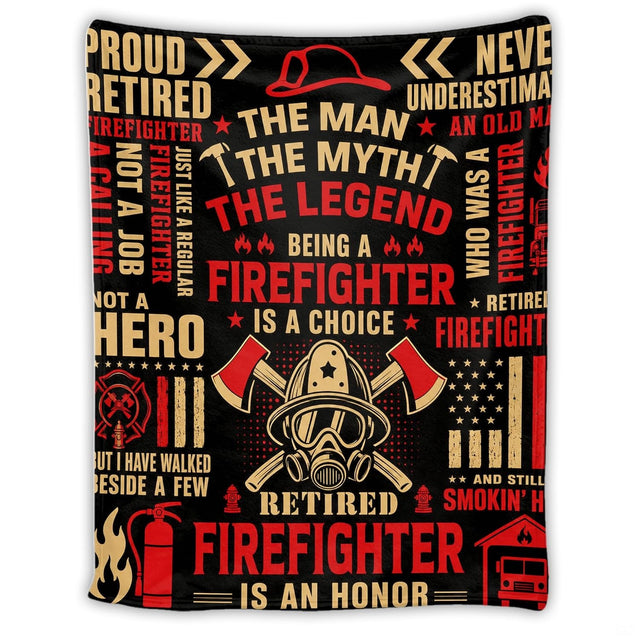 Retired firefighter tribute artwork with crossed axes, helmet, and typographic badges on Blanket.