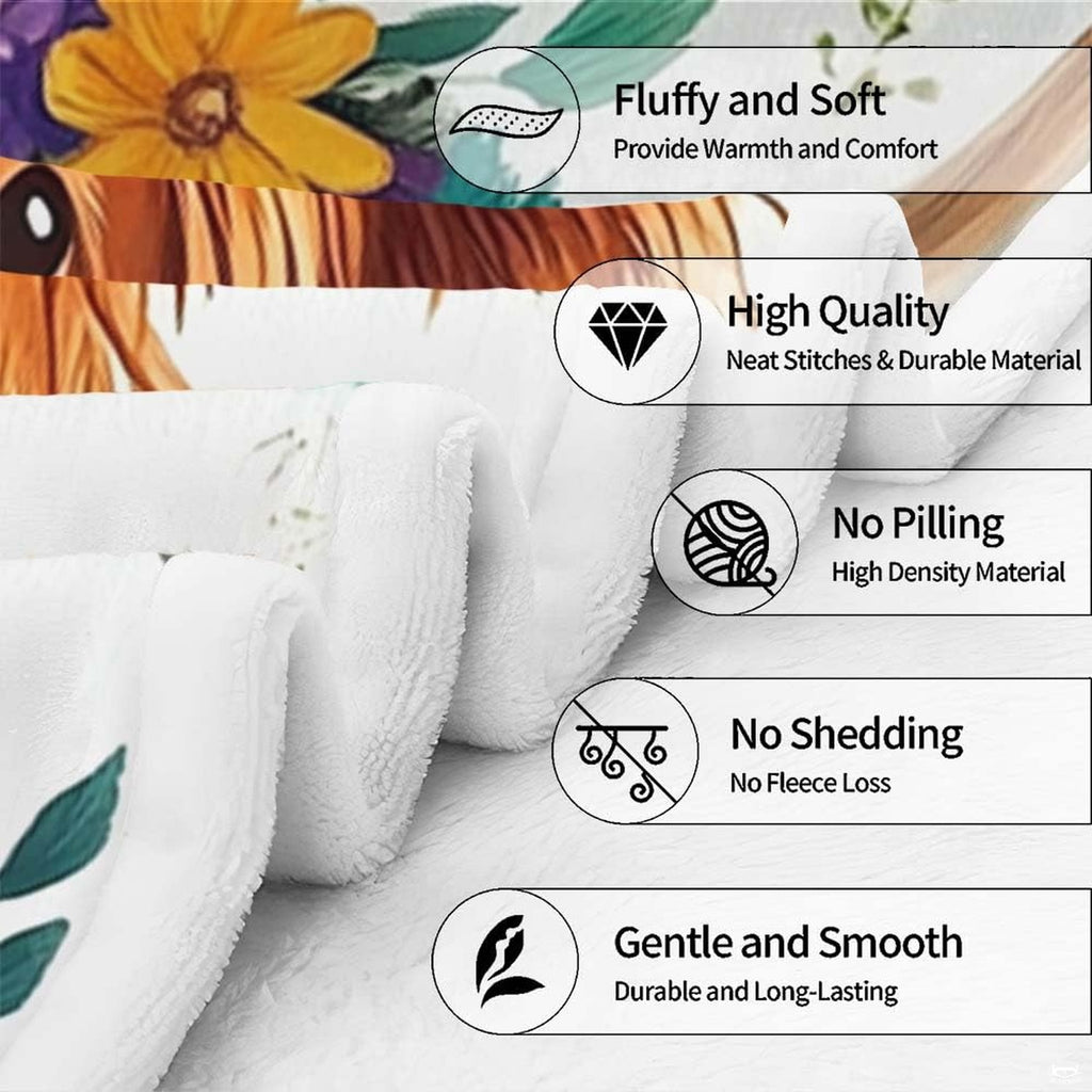 Angle view of botanical Highland cow throw blanket showing crisp edges and wildflower garden print