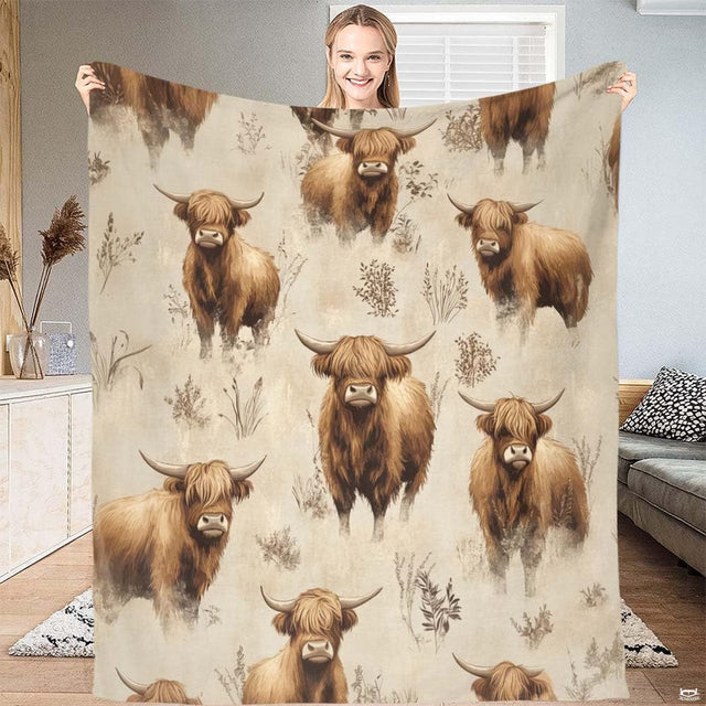 Scottish highland cow bedding set featuring shaggy cattle and botanical illustrations on rustic beige background.
