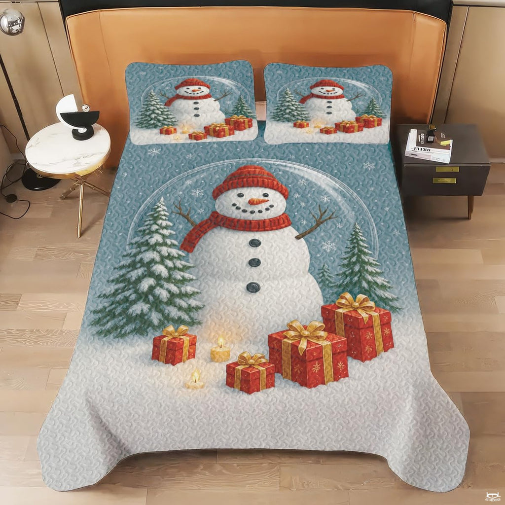 Spruce teal and berry snowman bedding set styled in an inviting holiday guest bedroom atmosphere