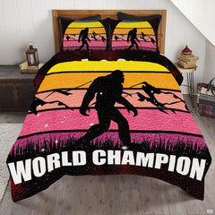 Retro sunset bedding set showing thematic accent print with legendary silhouette, mountain ridges, and glowing horizon...
