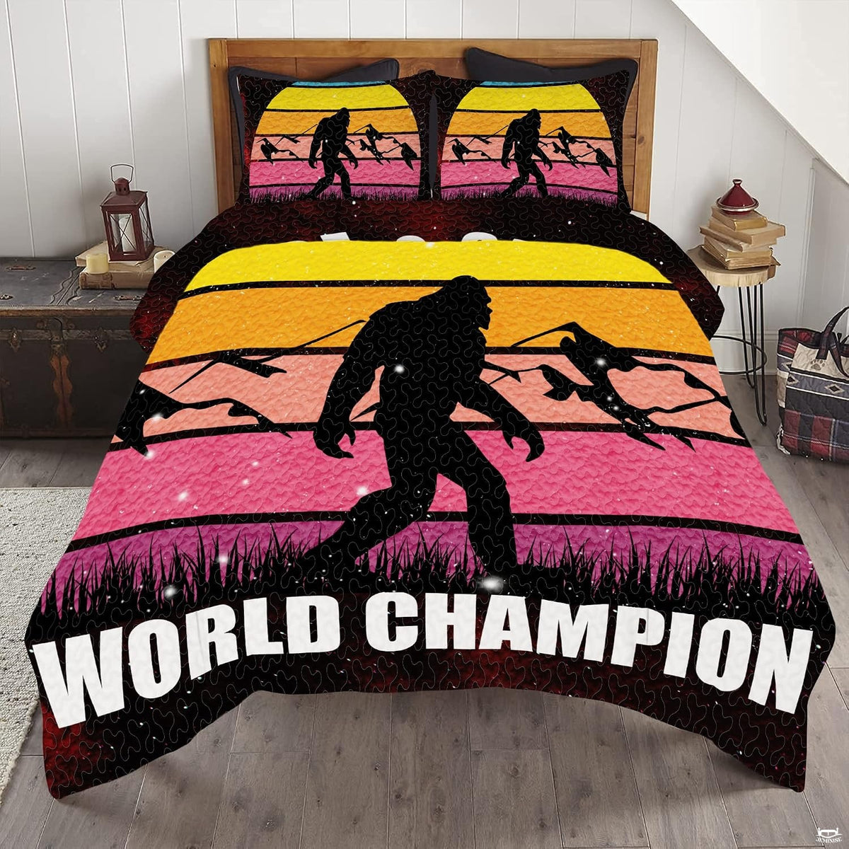 Retro sunset bedding set showing thematic accent print with legendary silhouette, mountain ridges, and glowing horizon...