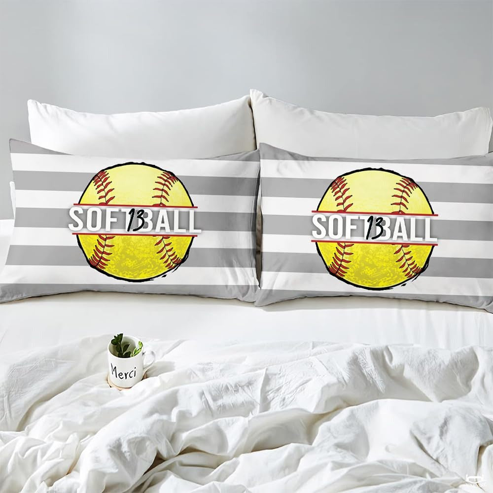 Softball Ball Sports Comforter Set – Bright Teal Yellow Bedding for Women & Girls, Decorative Soft Cozy Bedroom Set Available in Twin, Queen, King Sizes