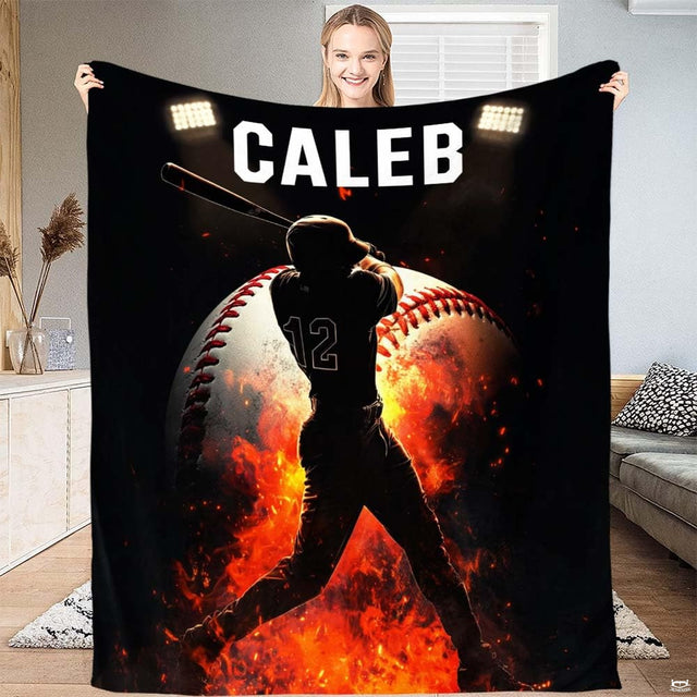 Baseball bed sheets motif highlighting glowing embers, blazing ball artwork, and batter graphic.