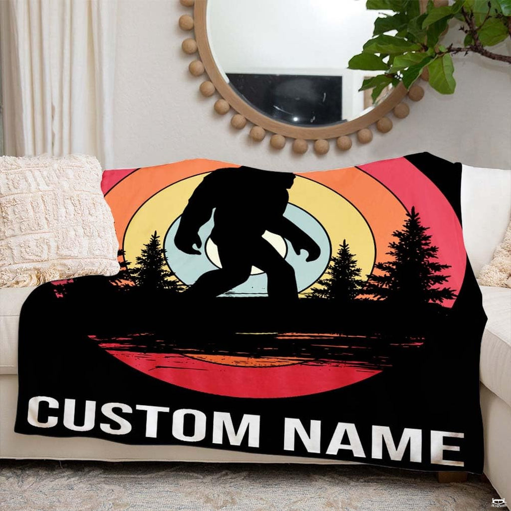 Retro concentric sunset rings with walking Bigfoot silhouette and pine trees, view 4.