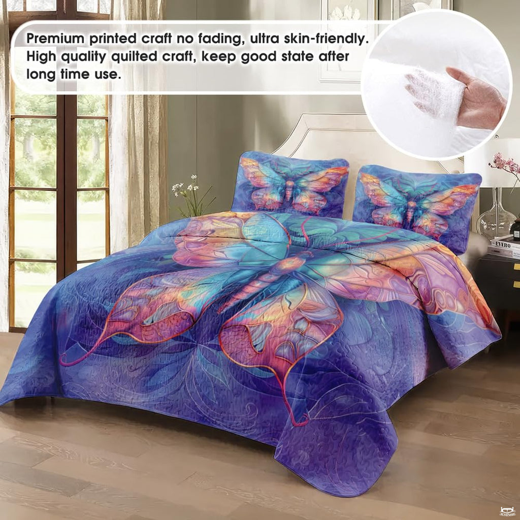 Top-down view of butterfly bedding set highlighting detailed tulip illustrations and lavender lilac patchwork borders.