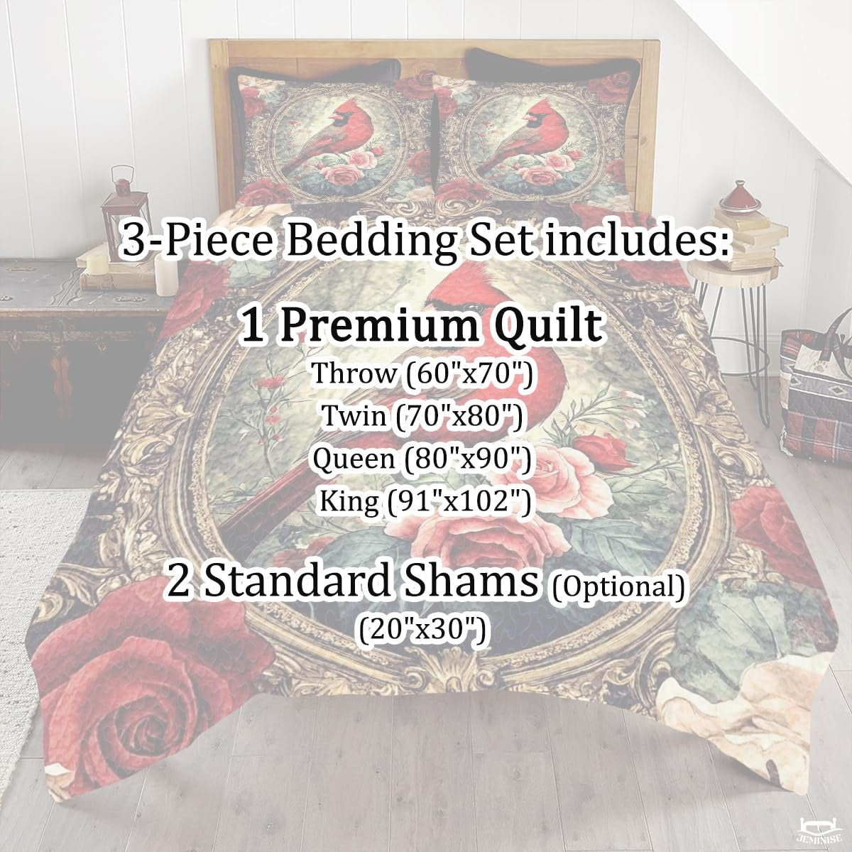 Floral Nature Cardinal Within Ornate Oval Frame Patchwork Winter Quilt