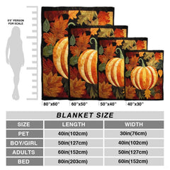 Festive seasonal pumpkin throw blanket folded neatly on bedroom bench