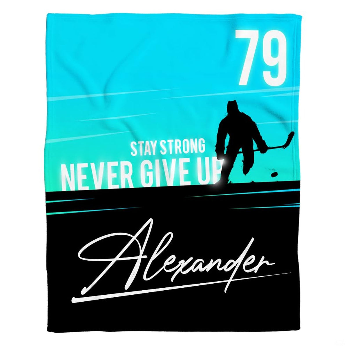 Close-up perspective of the bold athletic jersey numbering on crisp cyan bedding.