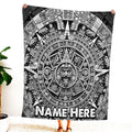 Monochromatic Aztec sun calendar medallion stone bedding set art with intricate glyphs on dark background.
