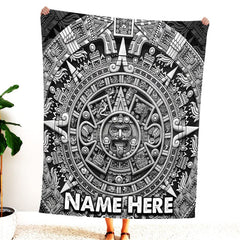 Monochromatic Aztec sun calendar medallion stone bedding set art with intricate glyphs on dark background.