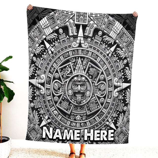 Monochromatic Aztec sun calendar medallion stone bedding set art with intricate glyphs on dark background.