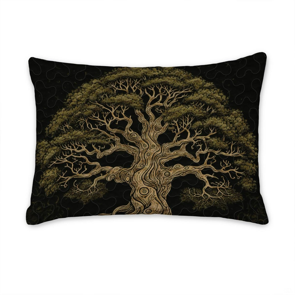 Overhead perspective of sprawling Yggdrasil tree motif bedding enhancing modern aesthetic bedroom decor arrangements