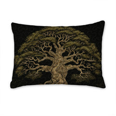 Overhead perspective of sprawling Yggdrasil tree motif bedding enhancing modern aesthetic bedroom decor arrangements