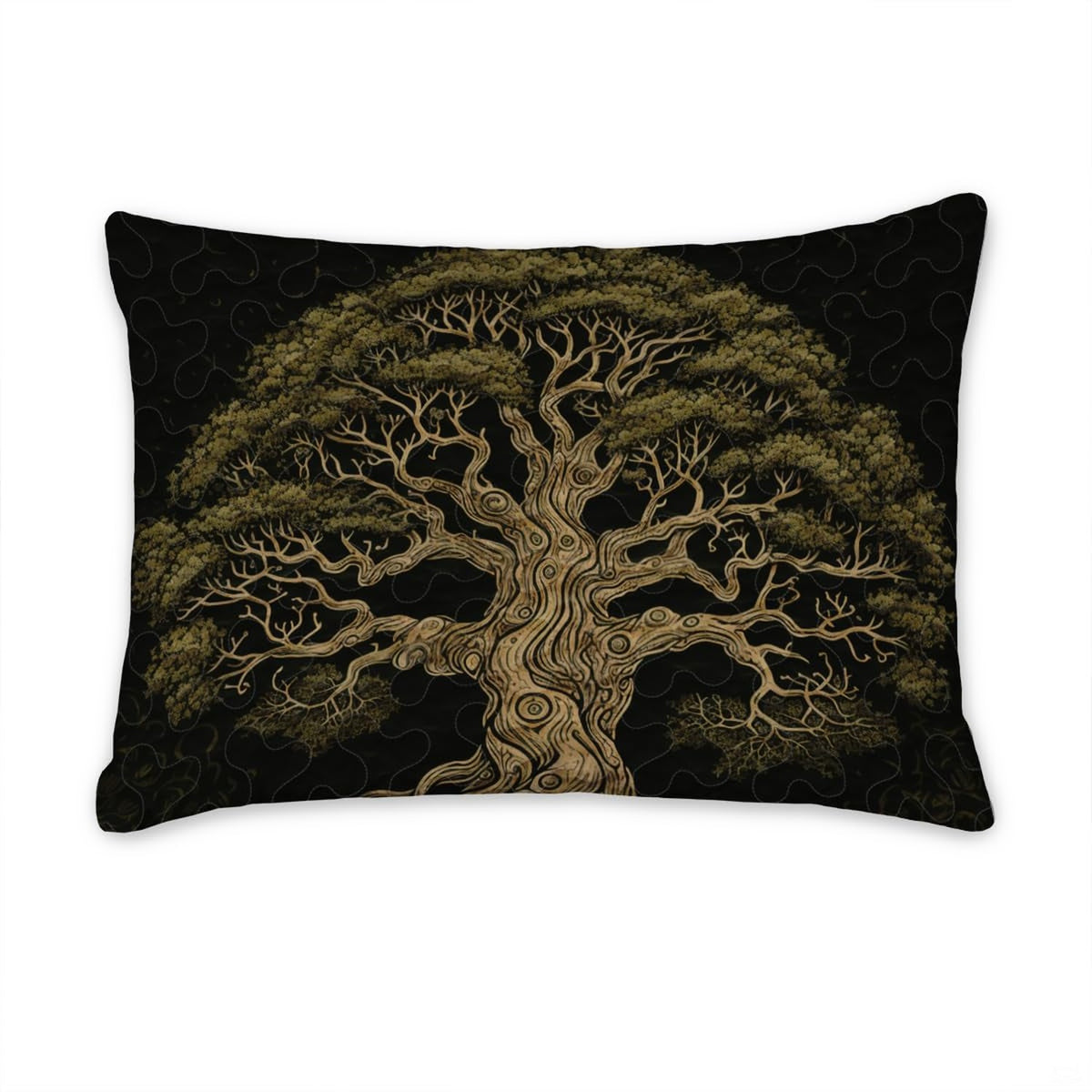 Overhead perspective of sprawling Yggdrasil tree motif bedding enhancing modern aesthetic bedroom decor arrangements