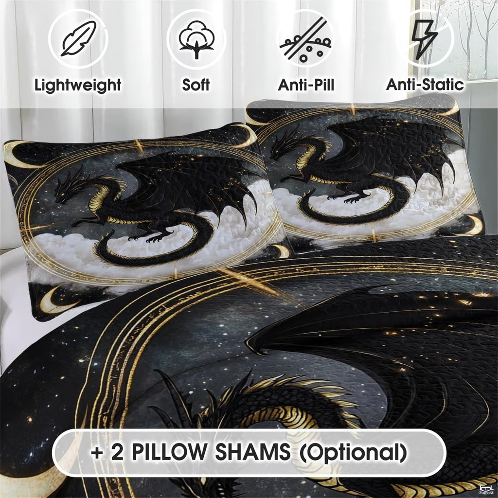 Close view of black dragon with gold scales, stars and clouds
