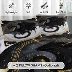 Close view of black dragon with gold scales, stars and clouds