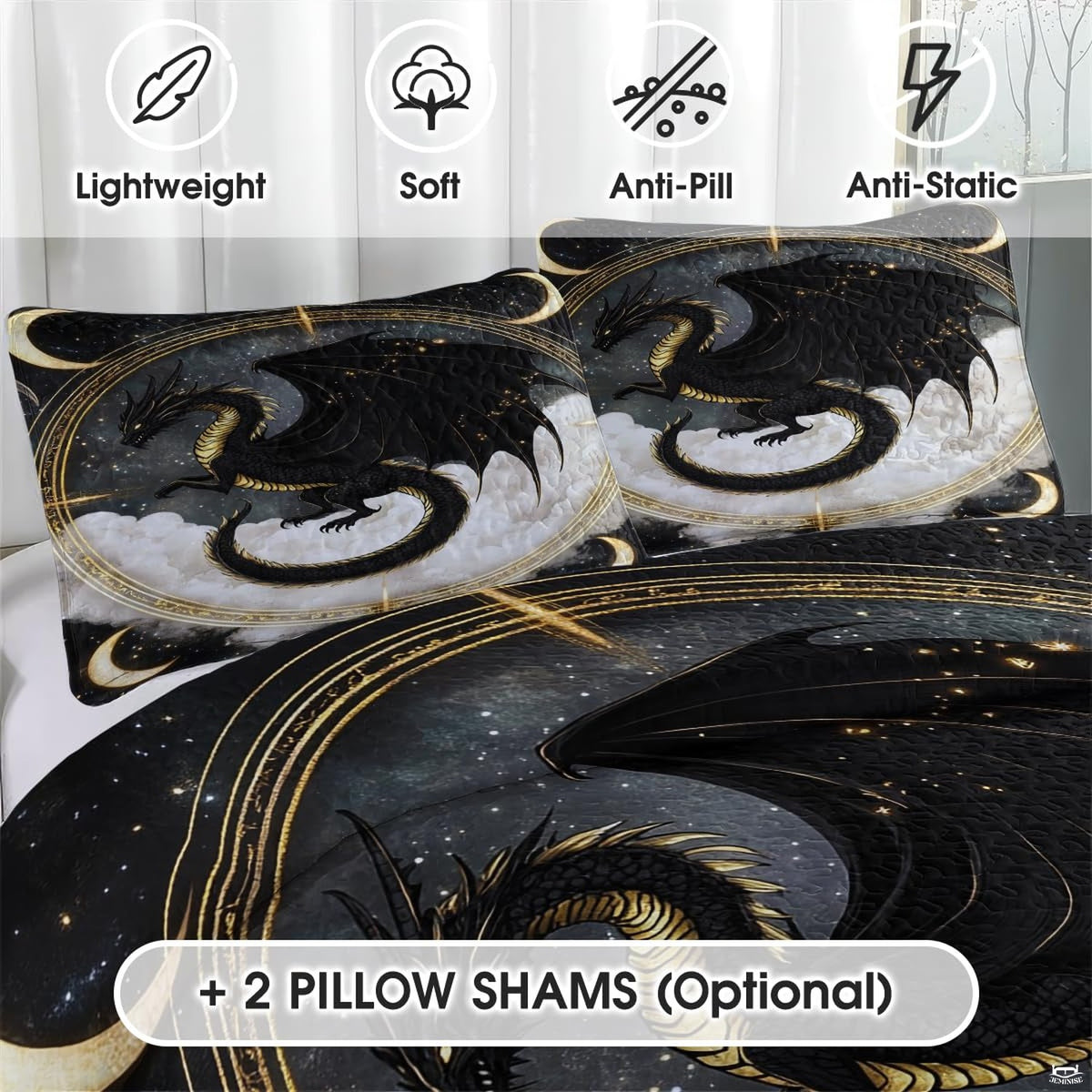 Close view of black dragon with gold scales, stars and clouds