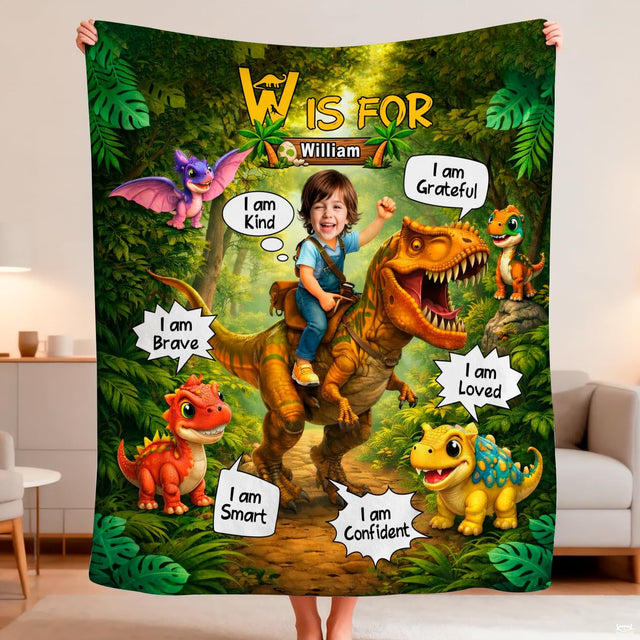 Lush bedding set graphic featuring a boy riding a friendly green dinosaur amid jungle palms.