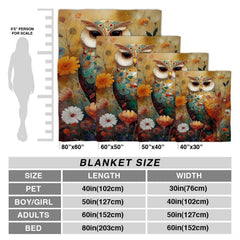 Close-up of golden daisies, orange poppies, and art nouveau owl plumage on a blanket