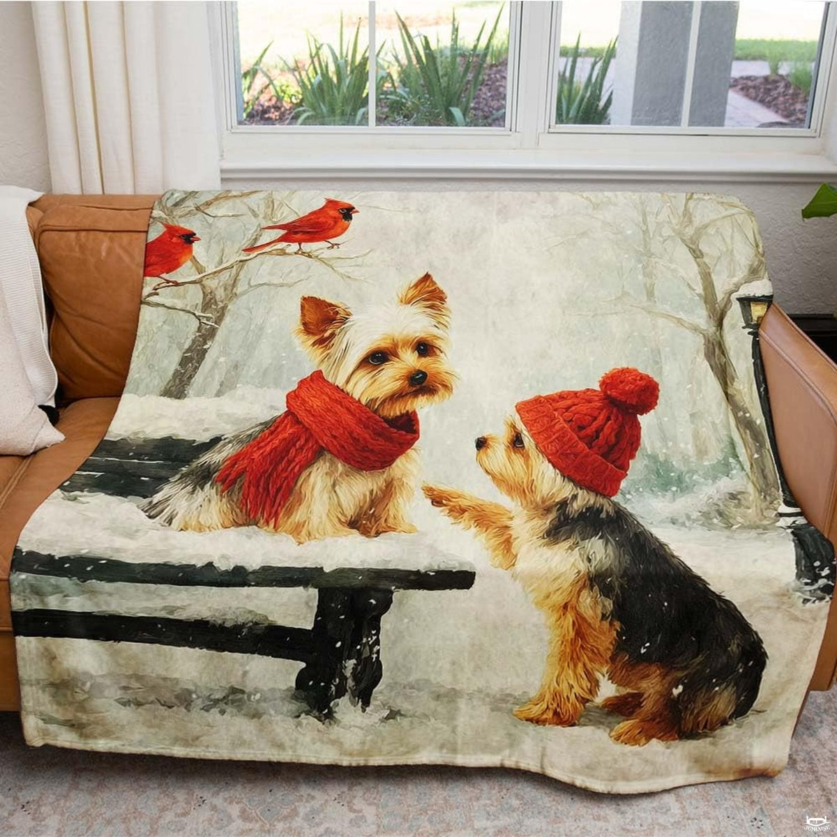 Overhead flat view of the winter canine wonderland throw blanket showcasing snowy trees and vintage lamppost