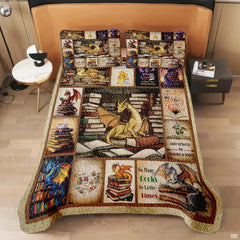 Colorful dragon book bedding shown on a modern bed