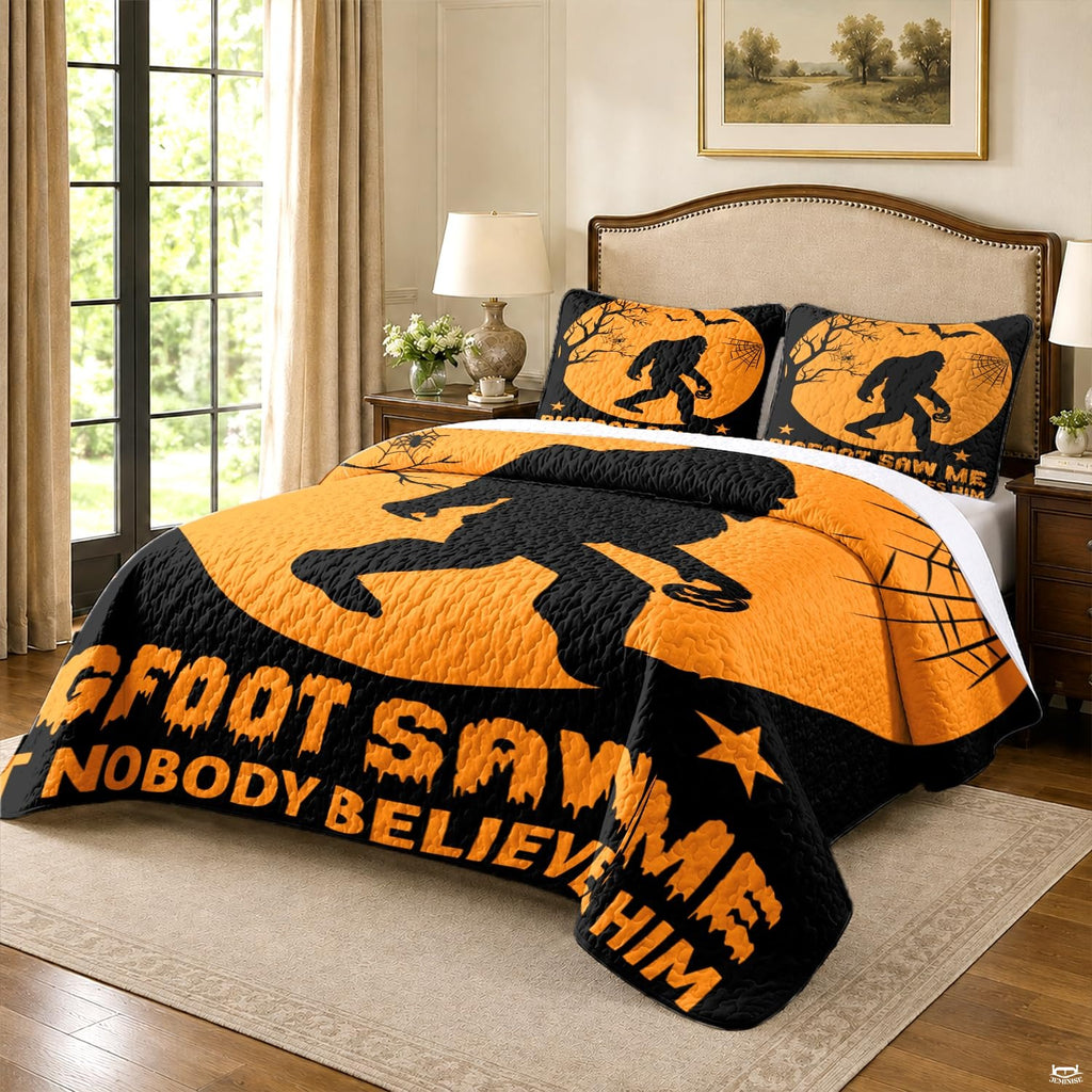 Halloween bed covers kids room display featuring Sasquatch under glowing harvest moon with flying bats.