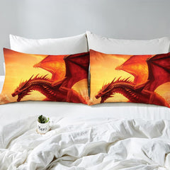 Close-up detail of dragon fantasy bedding highlighting vibrant golden scales, fiery orange embers, and nebulae.