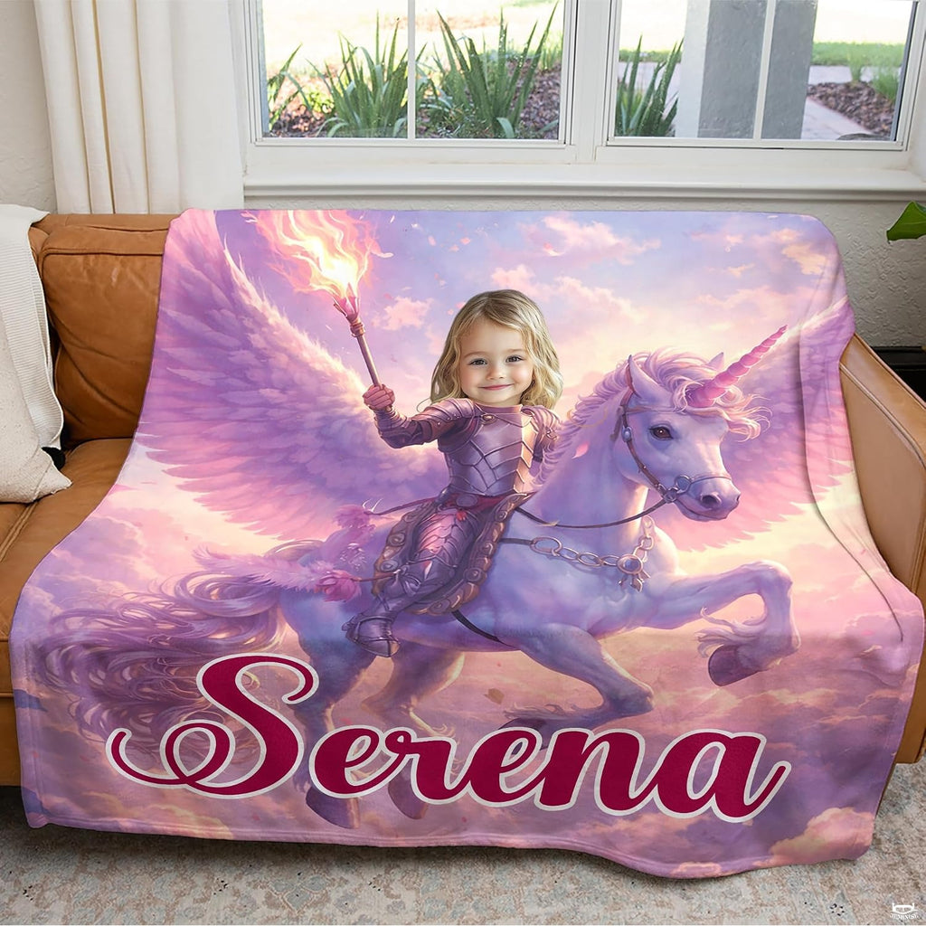 Pegasus warrior illustration blanket draped over living room armchair