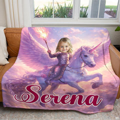 Pegasus warrior illustration blanket draped over living room armchair