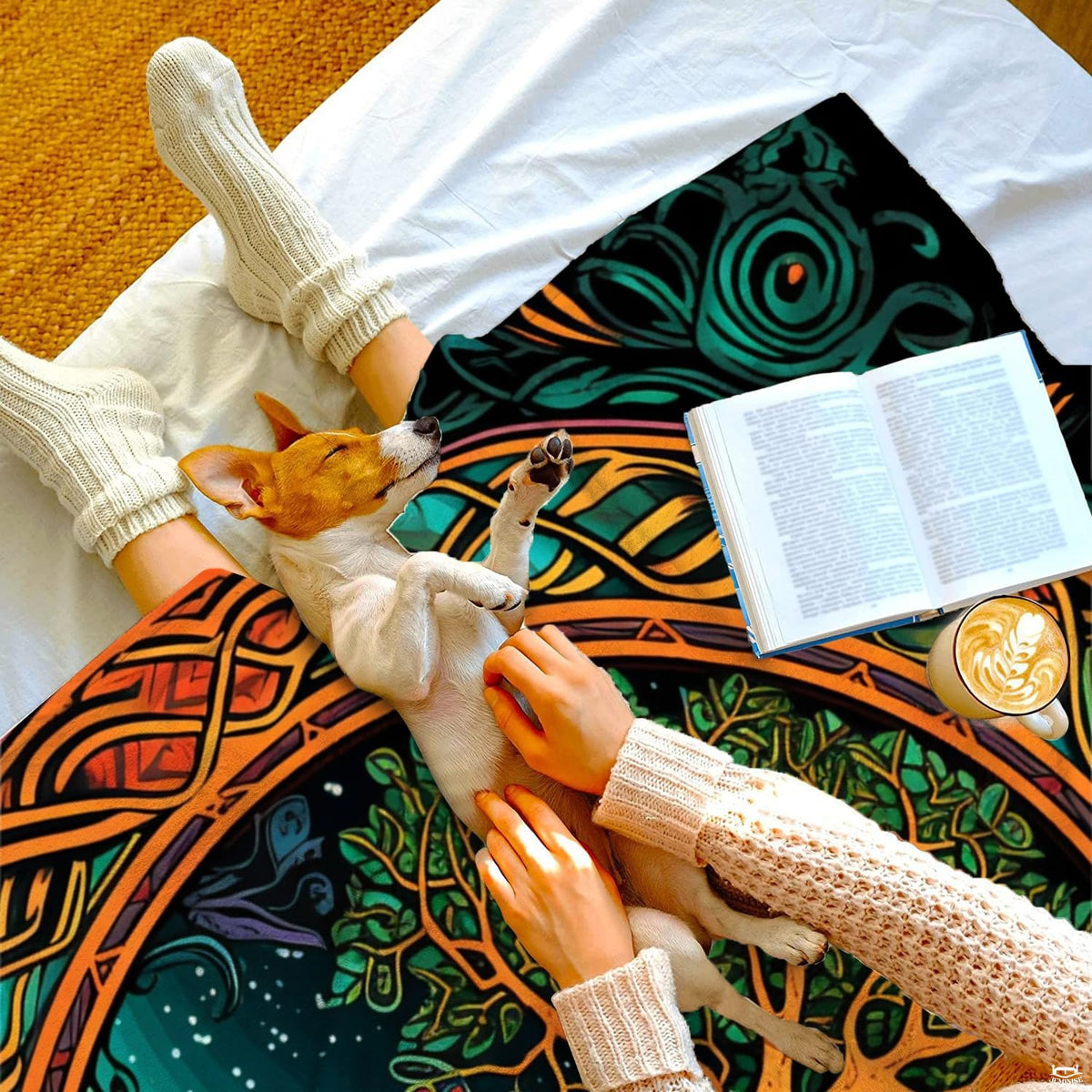 Close up of Irish bedding sets artwork highlighting intricate winding tree roots and starlit sky details.