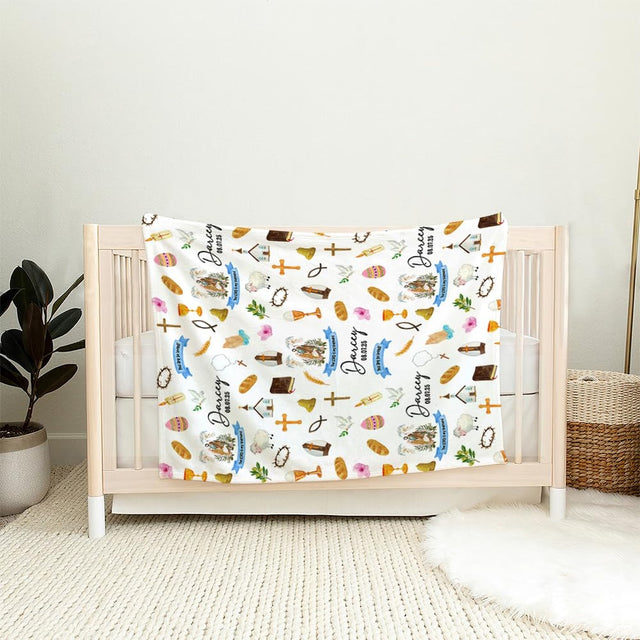 Religious faith throw blanket draped over an armchair in a quiet nursery room