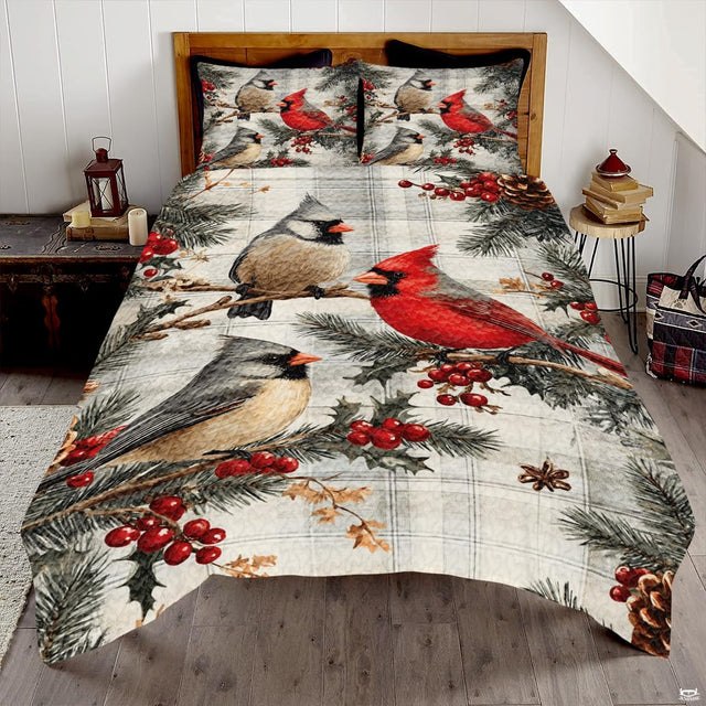 Cardinal winter bird bedding set featuring red cardinals on frosted pine boughs over neutral plaid.