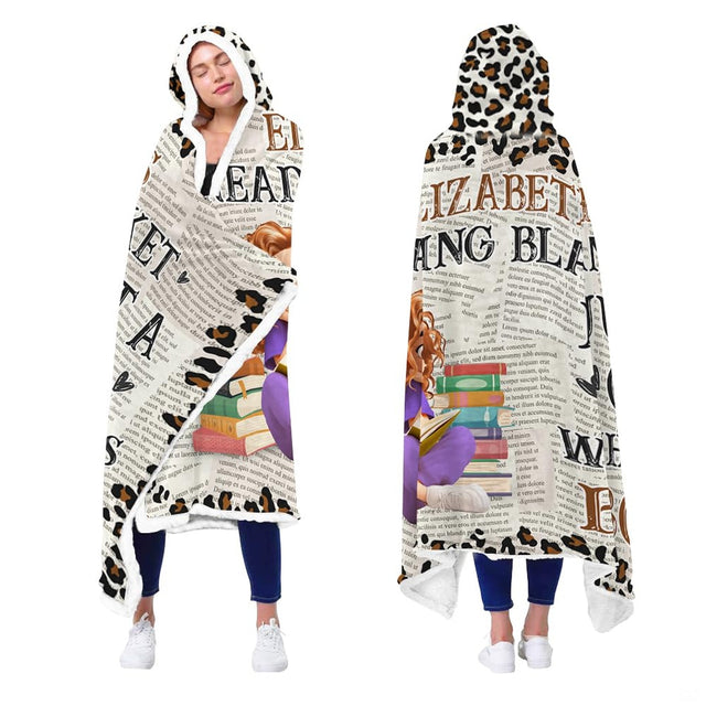 Model wearing cheetah print novel throw blanket showing front and back views with leopard perimeter