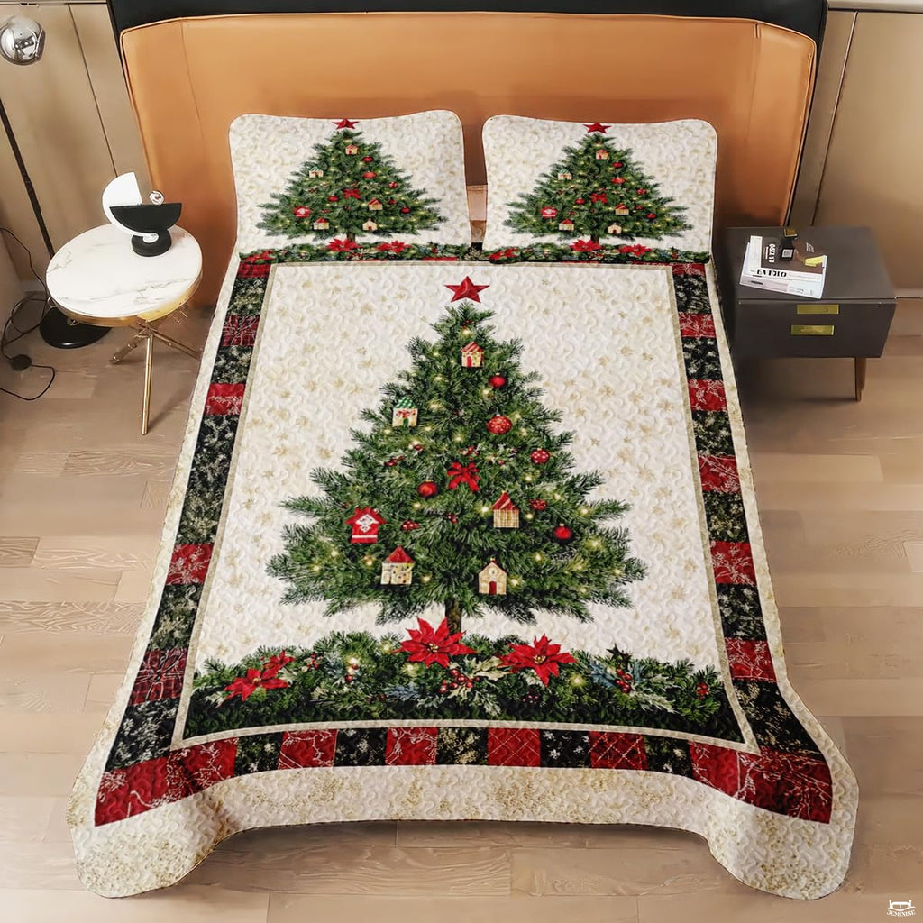 Artistic overhead view of Christmas tree bedding illustrating illuminated tree design framed by winter patchwork patterns.