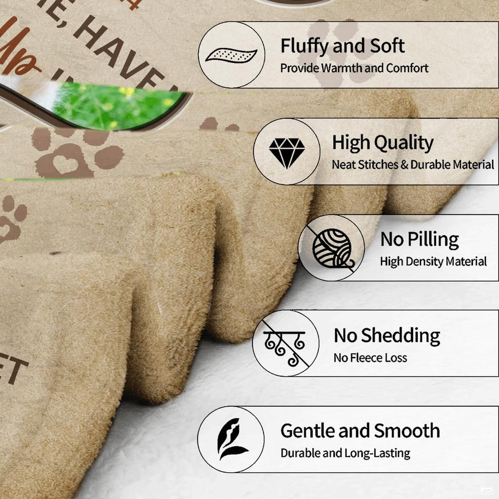 Dimensions guide and home placement diagram displaying the pet remembrance throw blanket.