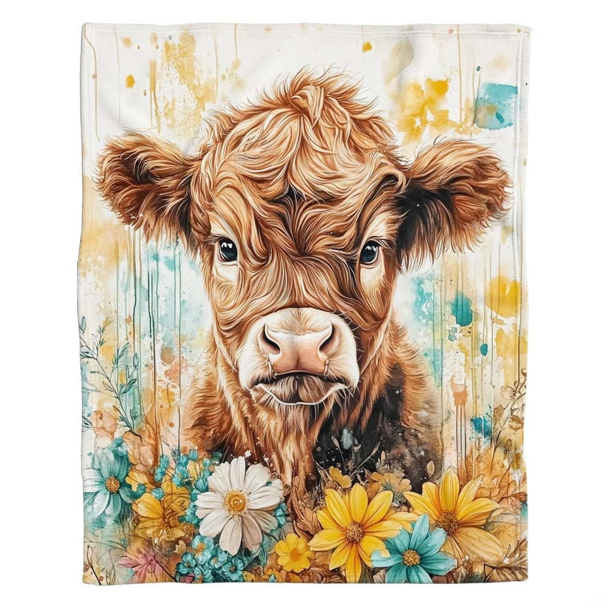 Watercolor painting of baby Highland calf with paint splatters and colorful daisies, view 2.