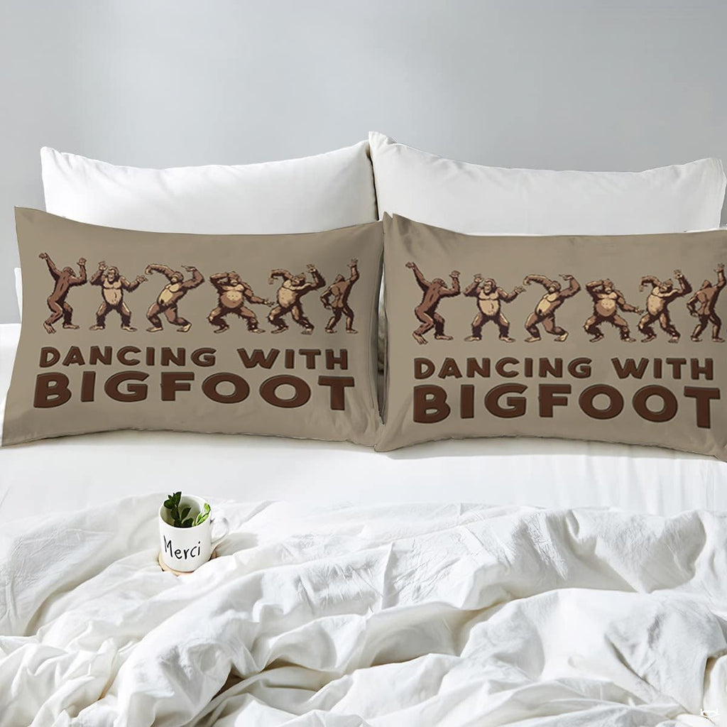 Overhead perspective of Bigfoot bedding arranged neatly across a rustic cabin bedroom mattress