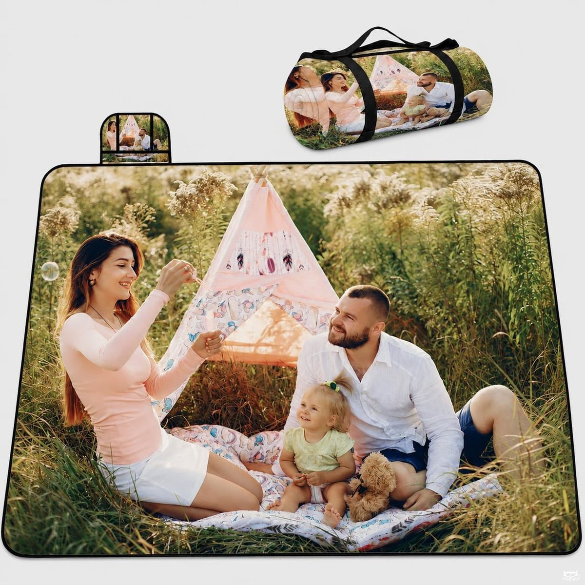 Family photo meadow picnic outdoor blanket with matching carry duffle bag