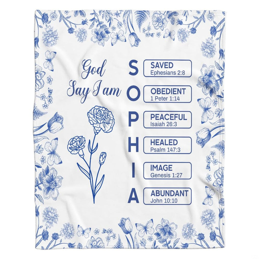 Draped view displaying cobalt blue botanical borders and carnation artwork on an ivory background.