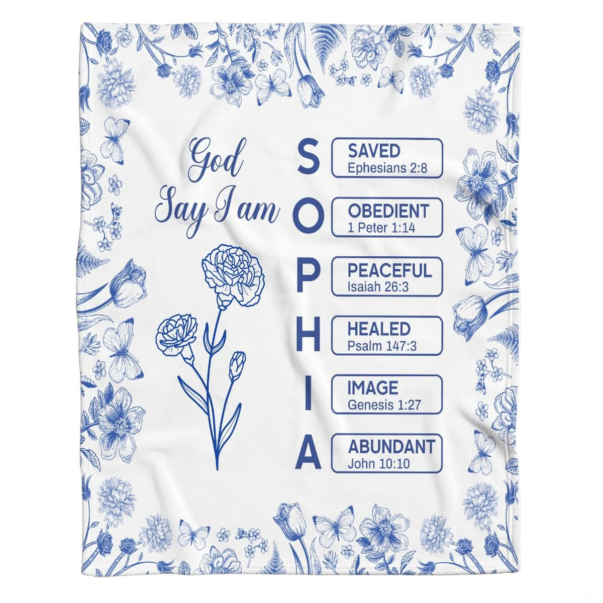 Draped view displaying cobalt blue botanical borders and carnation artwork on an ivory background.