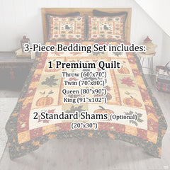 Corner fold view of autumn bedding highlighting ornate harvest checkerboard printing and rich autumn colors