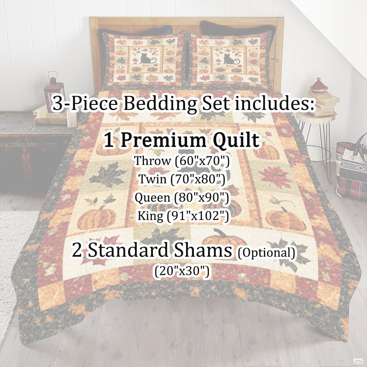 Corner fold view of autumn bedding highlighting ornate harvest checkerboard printing and rich autumn colors