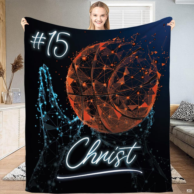 Geometric basketball hands throw blanket view 2 highlighting glowing polygon nodes and particle dust