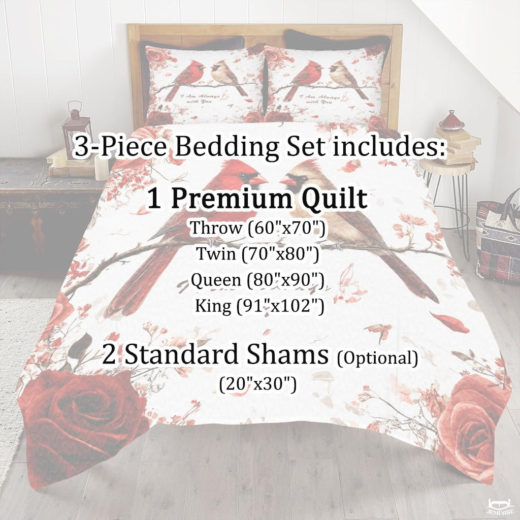 Cardinals Perched on Branch with Roses Patchwork Winter Quilt