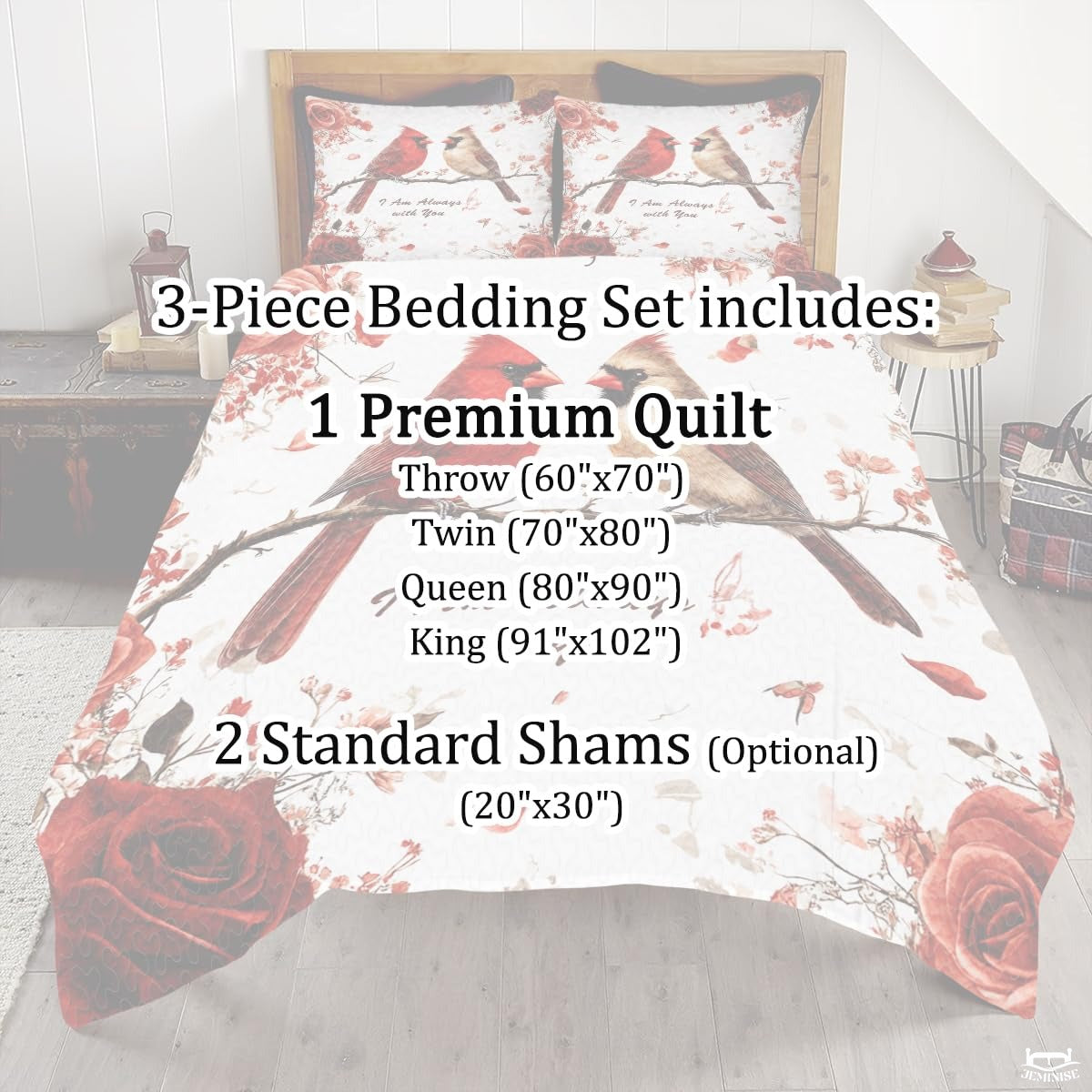 Cardinals Perched on Branch with Roses Patchwork Winter Quilt