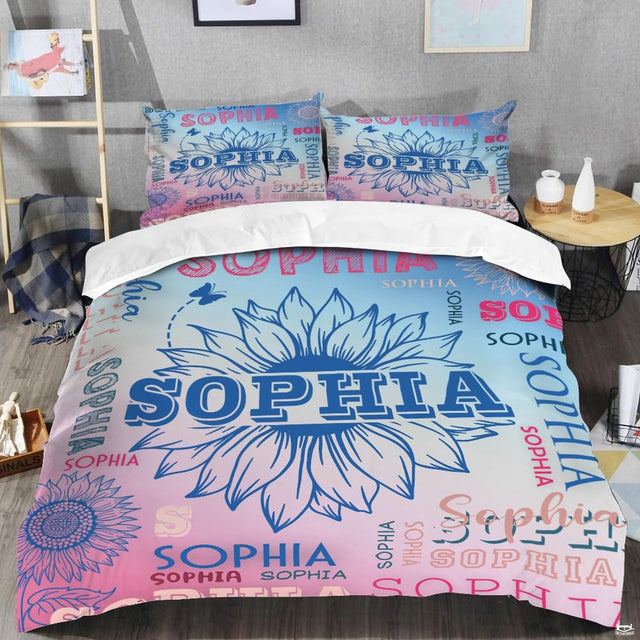 Close-up view of unicorn bedding highlighting ornate mythical creature silhouette and lilac floral wreath