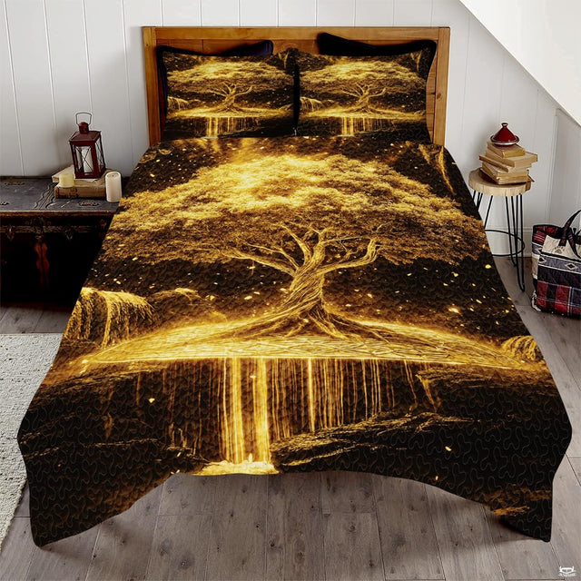 Golden Tree of Life bedding set displaying radiant sprawling branches and waterfalls beneath stars.