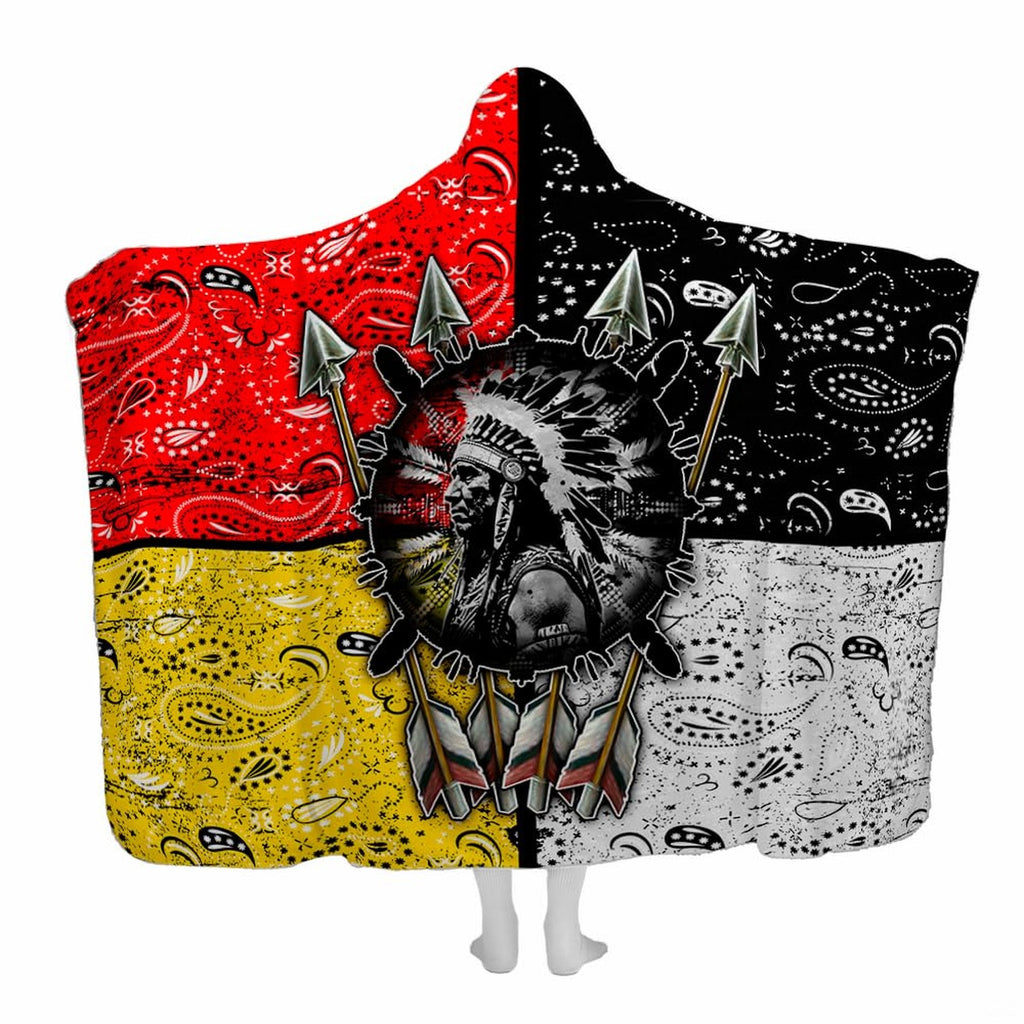 Native American chief warrior in war bonnet on four-quadrant bandana pattern, view 1.